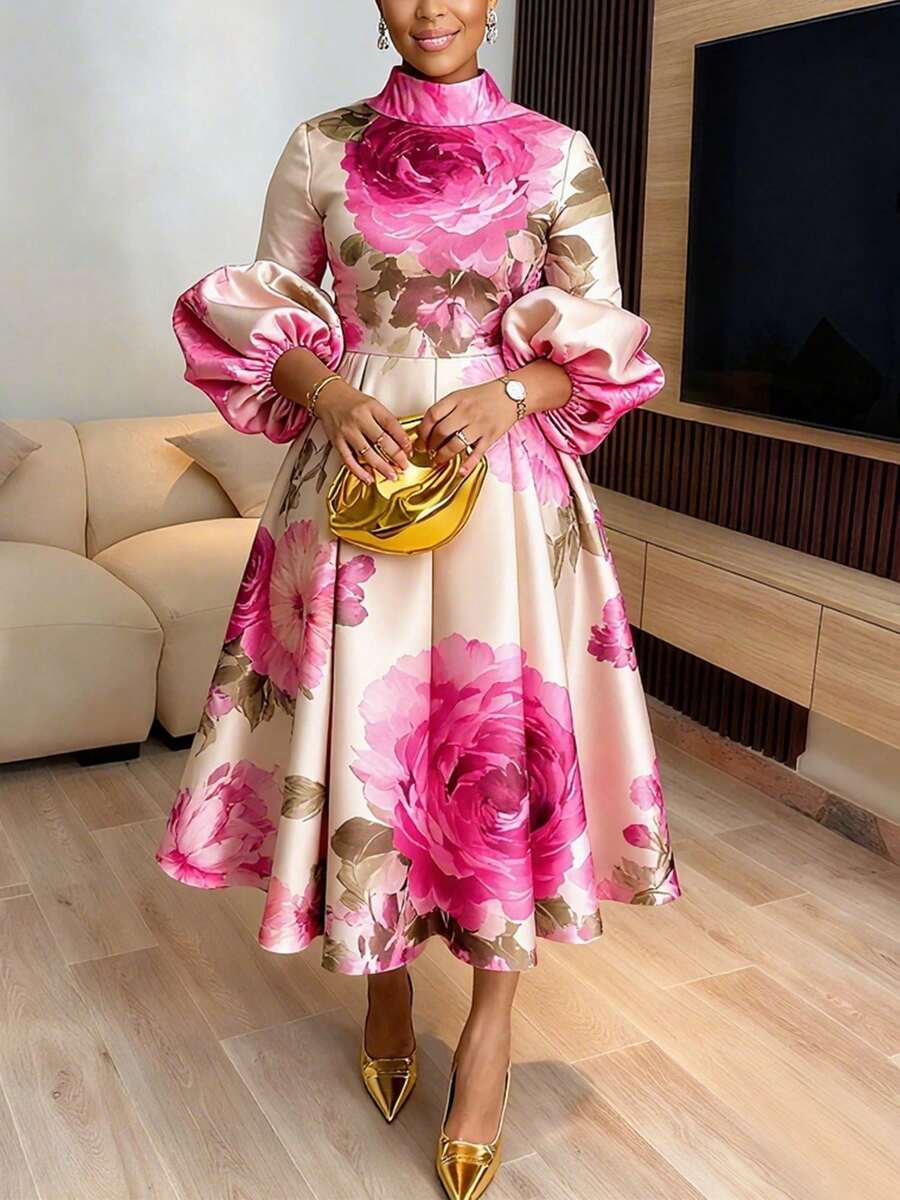 Valentine's Day, Date Night Outfit, Gifts For Her Women's Blush & Pink Floral Midi Dress - High Neck With Puff Sleeves & Full Skirt | Elegant Fit For Sunday Brunch, Wedding Guest, Church Services, Afternoon Tea & Garden Parties (Romantic & Eye-Catching) For Feminine Sophistication - Ivory - 查看 1