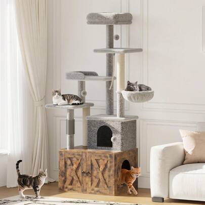 Árbol para gatos con caja de arena, casa de juegos grande y alta de varios niveles con moderno condominio, hamaca espaciosa, cómoda percha superior, postes de sisal y bolas colgantes, muebles de madera para gatos de interior, color marrón.