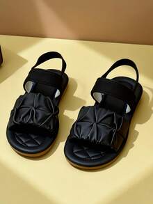 2026 Spring/Summer Limited Edition [3-12 Years Old Girls' Soft-Soled First Walking Shoes][Infant Toddler] Matte Black 3D Pleated Elastic Heel Strap Skin-Friendly Soft Lining Non-Slip Cushioned Soft Outsole Open Toe Elastic Heel Design Versatile Fashion Style [Children's Basic Sandals][Girls' Flat Fashion Shoes] Commute, Street, Afternoon Tea, Multi-Occasion Wear - Black - View 7