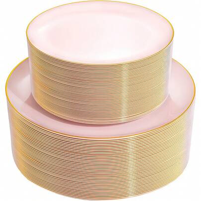 2pcs Pink Base Gold Circle Dinnerware Set, Includes 7.5" Small Plate/10.25" Large Plate, Two Sizes Available, Easy To Clean And Reusable, Suitable For Birthday Party, Banquet, Wedding, Valentine's Day, St. Patrick's Day, Easter And Other Events