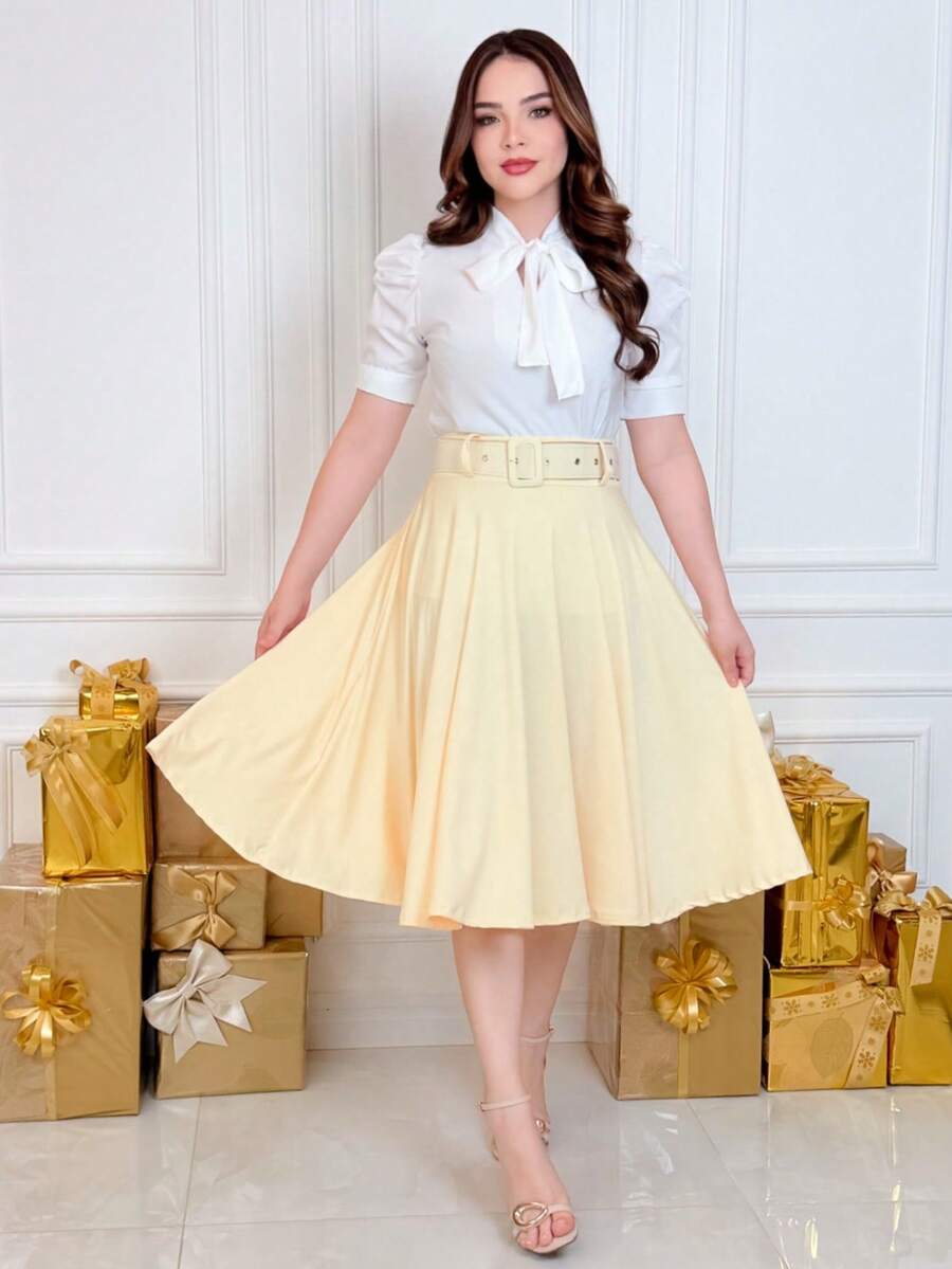 Midi Skirt With Belt, Flared, For Evangelical Women. - 淺黃色 - 查看 1