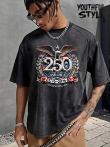 Men's 250th Anniversary Celebration Pattern Print Pure Cotton Washed T-Shirt ,Current Fashion Outfits,Everyday Casual Wear,Fashionable Street Style,Unisex,Suitable For All Seasons, Made Of Cotton, Comfortable And Breathable,Mens Gifts - 黑色 - 查看 2
