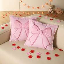 1pc Pink Bow Plush Throw Pillow Cover, Soft Sofa Cushion Cover, Suitable For Living Room, Bedroom, Sofa, Home Decor - Pink - View 1