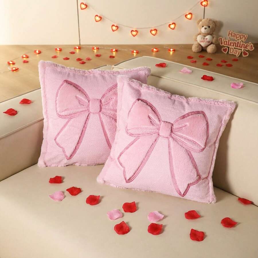 1pc Pink Bow Plush Throw Pillow Cover, Soft Sofa Cushion Cover, Suitable For Living Room, Bedroom, Sofa, Home Decor - Pink - View 1