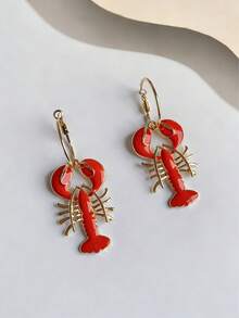 1件春夏度假风珐琅龙虾吊坠C形耳环，时尚优雅女士首饰，海洋主题沙滩戒指，适合度假、送礼、派对 - 金黃色 - 查看 4