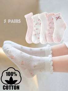 5 Pairs Girls' Cotton Socks, Spring/Summer Mesh Thin High Elasticity Socks With Ruffle Trim, Cute Pink & White Sports Socks - Multicolor - View 7