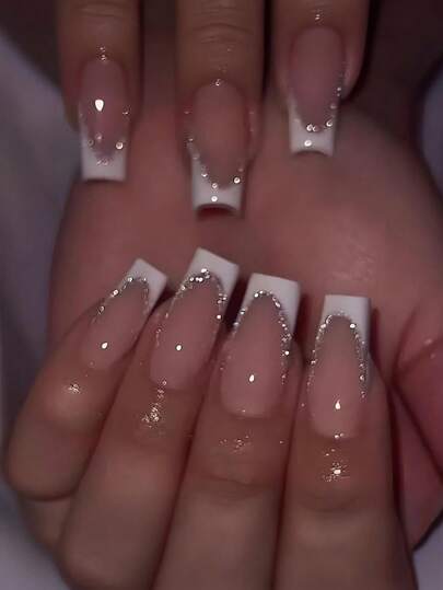 24pcs Long Coffin-Shaped French Manicure Nail Stickers, Silver Glitter, White French Tip, Nude Pink Short Full Cover Glossy Fake Nails Set, Includes 1 Bottle Of Glue And 1 Nail File, Suitable For Daily Wear Fake Nails And French Manicure Stickers For Women And Girls