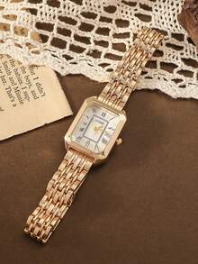 1pc Luxury Minimalist Elegant Square Dial Roman Quartz Watch, Showcases Stylish Personalized, /Year-End Promotion, Birthday/Holiday Gift - Gold - View 2