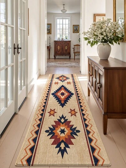 1 件复古风格长条地毯，厨房地垫/门垫，多色波西米亚几何图案，适用于浴室、厨房、户外、室内、走廊、卧室、客厅，可水洗，厨房配件