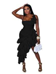 Multi-Colored One-Shoulder Suspender Square Collar Irregular Ruffle Edge Slim-Fitting Long Skirt, Sweet And Spicy Elegant Style, Street/Dating/Commuting Wear Temperament Skirt - Black - View 2