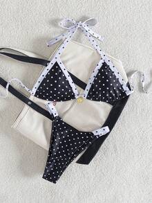 wohenmeili Contrast Color Trim Polka Dot Summer Bikini Set Vacation Beach - Black Background With White Dots - View 6