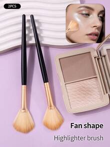 2支装黑色木柄扇形高光刷，均匀上粉不飞粉，化妆刷/美妆工具 - 黑色 - 查看 3