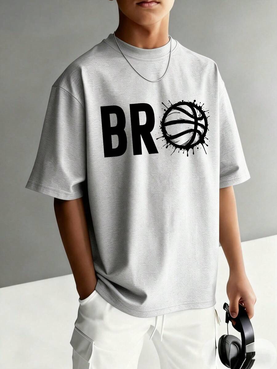 男童“BRO”字母印花圆领短袖T恤，运动休闲款，适合年轻学生，简约时尚的春夏上衣 - 灰色 - 查看 1