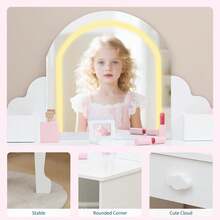 Tocador infantil con estantes y cajón, escritorio de estudio con rejillas, pequeño escritorio de maquillaje de madera para sala de juegos y dormitorio, color blanco, con accesorios. - Tipo de Enchufe B USA (110-127V) - Ver 6