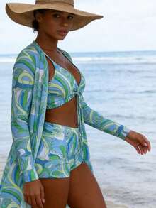 Women's Swimsuit Set, All-Over Print Bikini With Drawstring And Straps, 3-Piece Kimono Beach Cover-Up - 彩色 - 查看 2