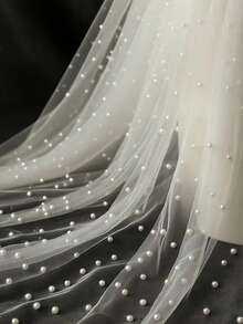 Elegant Polyester Tablecloth With Faux Pearl Decor, Extended Sheer Tableskirt, Ideal For Weddings - White - View 2