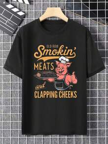 Envío Nacional | Playera Hombre Primavera-Verano de Algodón Casual, Estampado de Letras y Cerdo Asador, Corte Ajustado - Negro - Ver 2