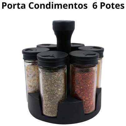 Porta Temperos Condimentos Giratório 6 e 9 Potes Vidro 90G com Tampa Dosadora Preto + Etiquetas Adesivas