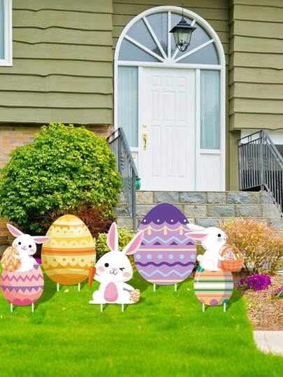 5件套复活节户外花园装饰，多色复活节彩蛋兔子标志牌（带插杆），可爱兔子造型，草坪花园装饰，适合家居、户外、春季、复活节派对、生日派对