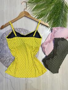 Set Of 3 Polka Dot Tank Tops With Built-In Bra Cups, Made Of Pretty Viscose/Lycra Fabric. - Yellow + Light Pink + Military Green - View 2