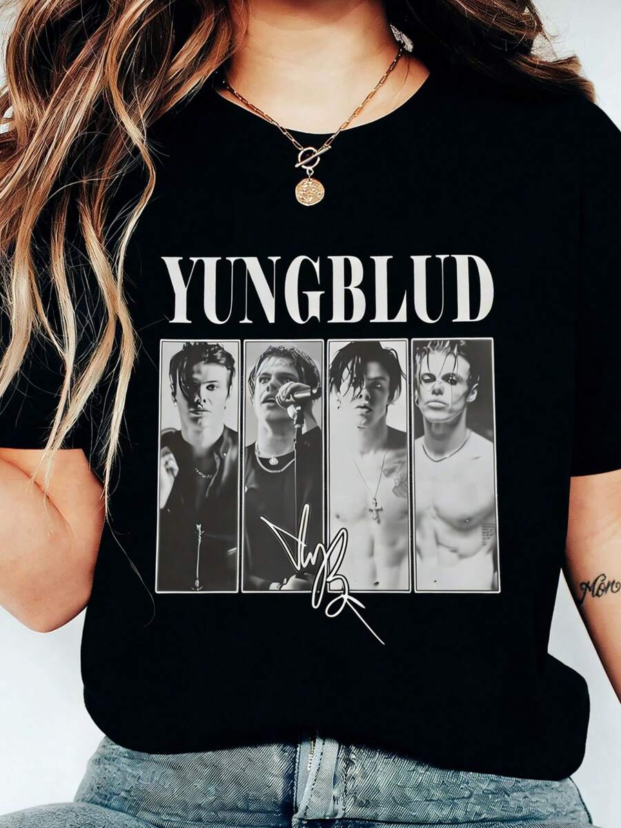 YUNGBLUD Inspired Women's Vintage Fan T-Shirt 100% Cotton Soft Knit Crew Neck Short Sleeve Slightly Stretchy Stylish All-Season Warm Top Office Outfits For Women Blouses For Women Womens Tops - màu đen - Xem 1