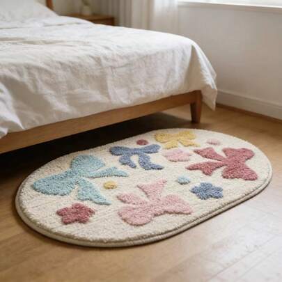 1 件马卡龙蝴蝶结椭圆形地毯，柔和的马卡龙色调搭配甜美的蝴蝶结元素，营造出温馨的韩式少女风，适合卧室床头、玄关、梳妆台等场所，多种尺寸可选，装饰地毯，卧室装饰，小地毯，地毯，家居装饰，客厅地毯，客厅小地毯，卧室地毯，客厅家居装饰，户外地毯，可水洗地毯