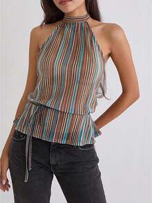 Women's Summer Halter Tank Tops Solid Color Pleated Sleeveless Backless Vest For Party - Multicolor - View 1