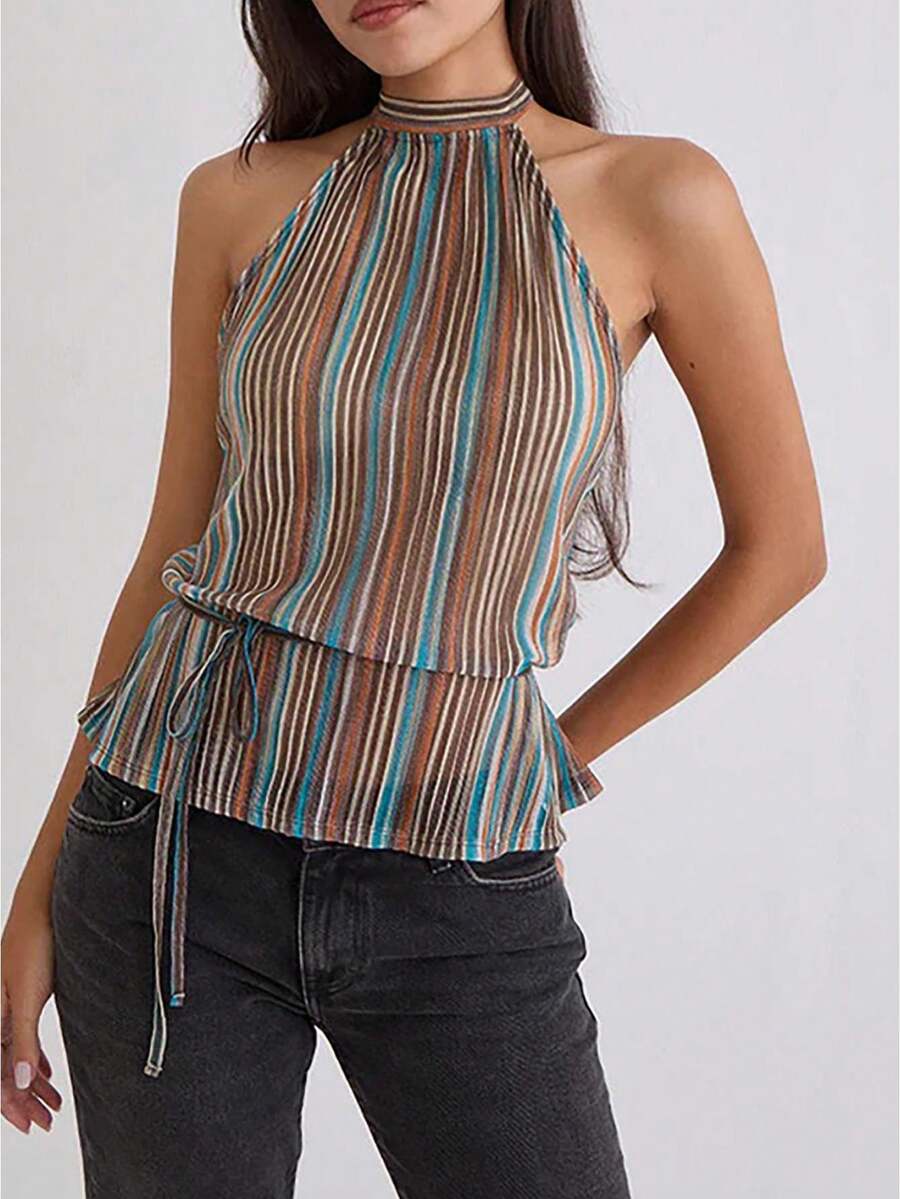 Women's Summer Halter Tank Tops Solid Color Pleated Sleeveless Backless Vest For Party - Multicolor - View 1
