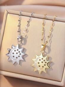 1pc Elegant Sun, Crescent Moon & Hollow Star Pendant Necklace, Delicate Luxury Design Suitable For Couples Dates And Daily Wear, Unique Moon And Star Texture Brightens Complexion - Sun, Moon and Stars - View 2