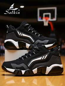 Salkin New Men's Sports Shoes Basketball Training Shoes, Affordable Brand-Like Lace-Up, Suede-Like Soft & Comfortable Breathable Uppers, Shock-Absorbing Bounce-Back Non-Slip Rubber Outsole, Casual Sneakers For Running, Walking, Outdoor Wear, Suitable For All Seasons And Holidays. Note: Runs Large, Suggest Ordering One Size Down, Great For Casual Jeans Sports Style. - Black and White - View 12