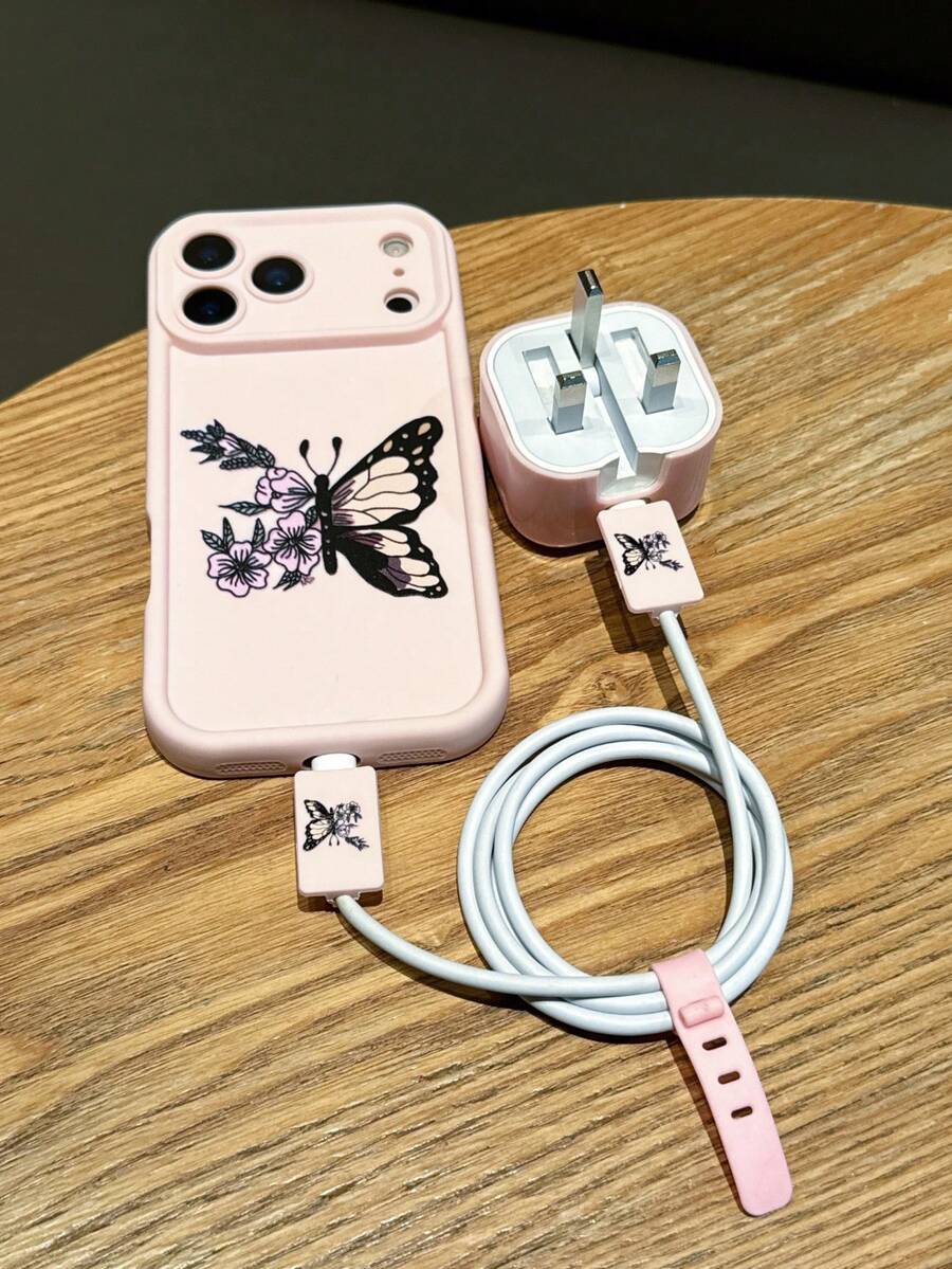 5-In-1 UK Standard Charger Protection Set (1 Thick TPU Phone Case + 1 UK Plug Charger Cover + 2 Data Cable Protectors + 1 Strap) With UV Printed Butterfly & Flower Pattern, Compatible With IPhone 7/8/7 Plus/8 Plus/X/XR/XS Max/11/11 Pro/11 Pro Max/12/12 Pro/12 Pro Max/12 Mini/13/13 Pro/13 Pro Max/14/14 Pro/14 Pro Max/14 Plus/15/15 Pro/15 Pro Max/15 Plus/16/16 Pro/16 Pro Max/16 Plus/17/17 Pro/17 Pro Max/Air - Multicolor - View 1