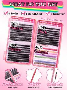 640PCS Individual Lash Clusters 9 Colored Large Capicity D Curl 9-16mm Mixed DIY Lash Clusters Natural Look&Wispy&Colorful Reusable DIY Eyelash Extension Kit With Makeup Tool Lash BOND&SEAL And Tweezers For Beginner Use At Home Or On-The-Go For Daily Life&Dating&Wedding&Party&Music Festival&Halloween - Nhiều màu - Xem 2