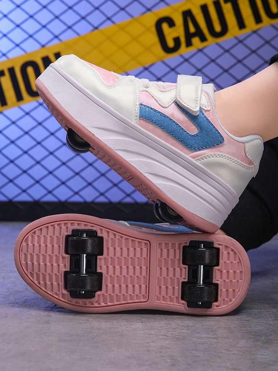 1 Pair Children's Sports Shoes With Wheels, 4-Wheel Rollerskate Sneakers - Coral Pink - View 1