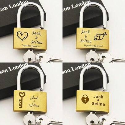 1pc Personalized Engraved Brass Love Lock, A Romantic Token Tailored For Couples, Also Suitable As A Thoughtful Gift For Weddings, Engagements, Anniversaries, Honeymoons, Valentine's Day. Made Of Premium Brass With A Sturdy Feel, Supports Custom Engraving Of Names, Dates And Unique Love Messages.