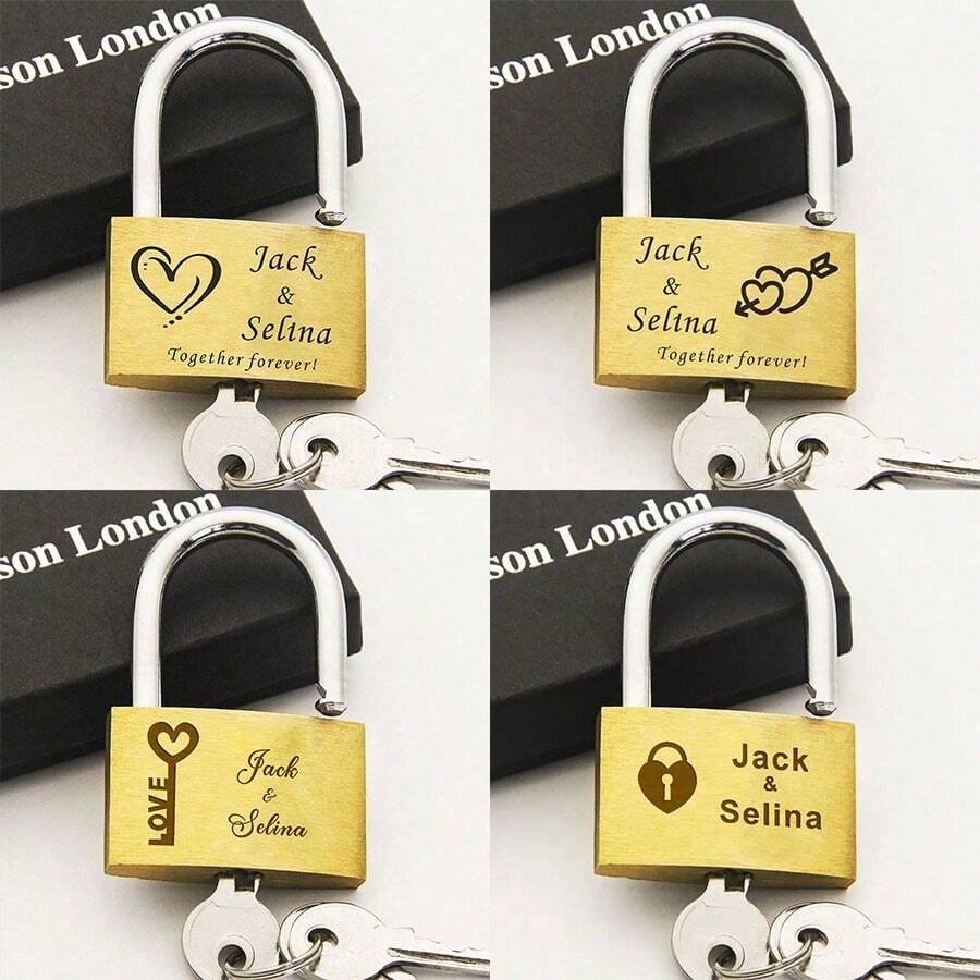 1pc Personalized Engraved Brass Love Lock, A Romantic Token Tailored For Couples, Also Suitable As A Gift For Weddings, Engagements, Anniversaries, Honeymoons, Valentine's Day. Made Of Premium Brass With Durable Quality, Supports Custom Engraving Of Names, Dates, And Unique Loving Messages.