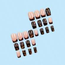 24Pcs Leopard French Press On Nails Short Square Autumn Winter False Nails Nude Fake Nails Press Ons With Brown Leopard Design Nail Tips Full Cover Glue On Nails Acrylic Nail Art Kit For Women - Red7 - 查看 5