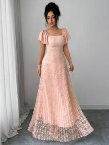 Women's Square Neck Raglan Sleeve Elegant Arabic Style Dress - Pink - View 5