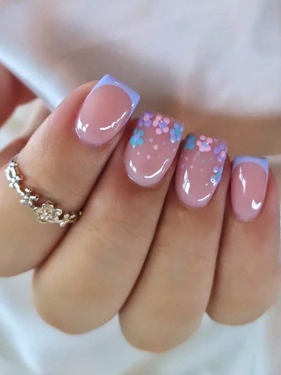 24pcs Cute Square Pink Short Artificial Nails, Purple Floral Pattern, French Manicure Style, Suitable For Women - Multicolor - View 1