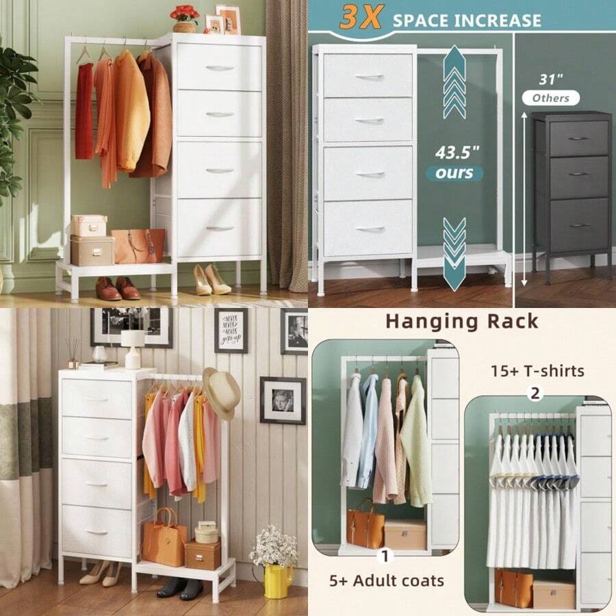 Dresser With Hanging Rack 4 Drawers Small Closet For Bedroom Reversible Fabric Chest Of Drawers With Clothes Rack Tall Storage Tower Sturdy Frame White 43.5''H - White+30D X 76W X 110.5H cm (4 Drawers) - View 1