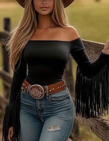 Women's Western Cowgirl Off-Shoulder Fringe Top, Sexy Slim Fit Long Sleeve, Soft Breathable Vintage For Festival Party & Daily Casual Wear - 黑色 - 查看 12
