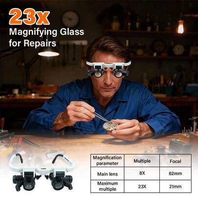 Professionele LED-vergrootglas met hoofdband en verwisselbare vergroting (8x-15x-23x) - 2-in-1 vergrootglas met LED-verlichting, ergonomische hoofdband en oculair, geschikt voor horlogereparatie, sieradentaxatie, elektronica, medische toepassingen en laboratoria - Compatibel met smartphones/camera's - (Batterijen niet inbegrepen) - Geschikt voor hobbyisten en professionals
