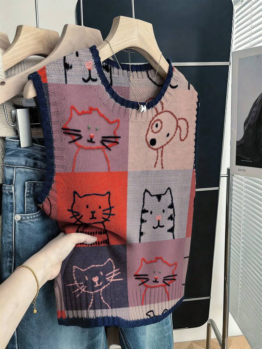 Nueva primavera/verano Chaleco sin mangas de cuello redondo para mujer, estampado de gato colorido de dibujos animados, chaleco con recorte de punto en bloques de color, adecuado para uso diario - Albaricoque - Ver 1