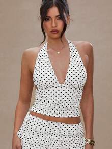 Women Polka Dot Outfits 2 Piece Skirt Sets Vintage Halter V-Neck Top And Ruffle Layered Mini Skirt Summer Y2k Outfits - trắng - Xem 3