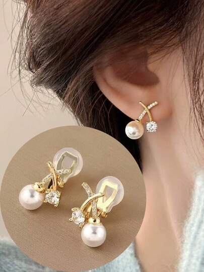 1对时尚新款仿珍珠交叉夹式耳环，优雅女士耳环，适合日常佩戴和送礼