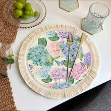 1/4/6件套春夏系列，多色绣球花配亮绿色叶子和蓝紫色蝴蝶亚麻印花流苏桌垫/咖啡杯垫 - 彩色 - 查看 5