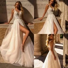 Elegant Sexy V Neck High Slit Lace Appliqué A Line Tulle Formal Wedding Dress,Registry Office Dresses Bridal Gown,Evening Party Dress Birthday Party Dress Country Wedding,Romantic Church Ceremony Wedding Dress,Suitable For Wedding,Dating,Party,Singles' Party,Vacation,Formal Occasions,Dinner Dress,Prom Dress,Homecoming Dess,Cocktail Party,Wedding Guest Dress,Graduation - 白色 - 查看 2