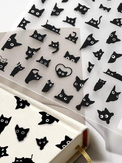 Simple Black & White Cat Stickers, Transparent Background Decorative Stickers For Diary, DIY Office Supplies