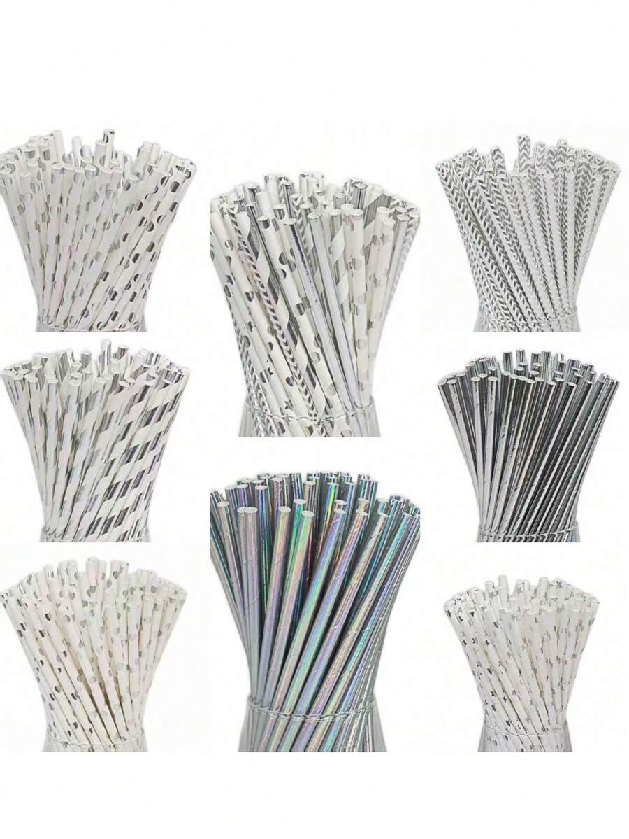 Silver And White Disposable Paper Straws, Suitable For Weddings, Parties, Bars, Beaches And Other Occasions - Multicolor - View 1