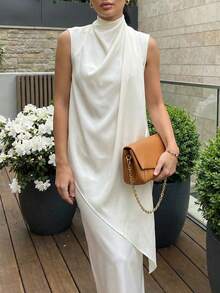 白色高领不对称上衣和阔腿裤套装，优雅的办公室和活动着装 - 白色 - 查看 3