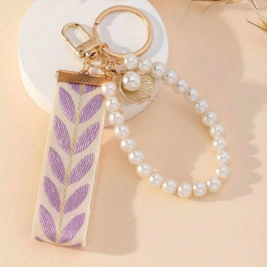 1PC Small Fresh DIY Woven Ribbon Pearl Keychain Car Pendant Creative Striped Cloth Ribbon Pearl Ocean Digital Accessories Jewelry Female - A6 - 查看 1